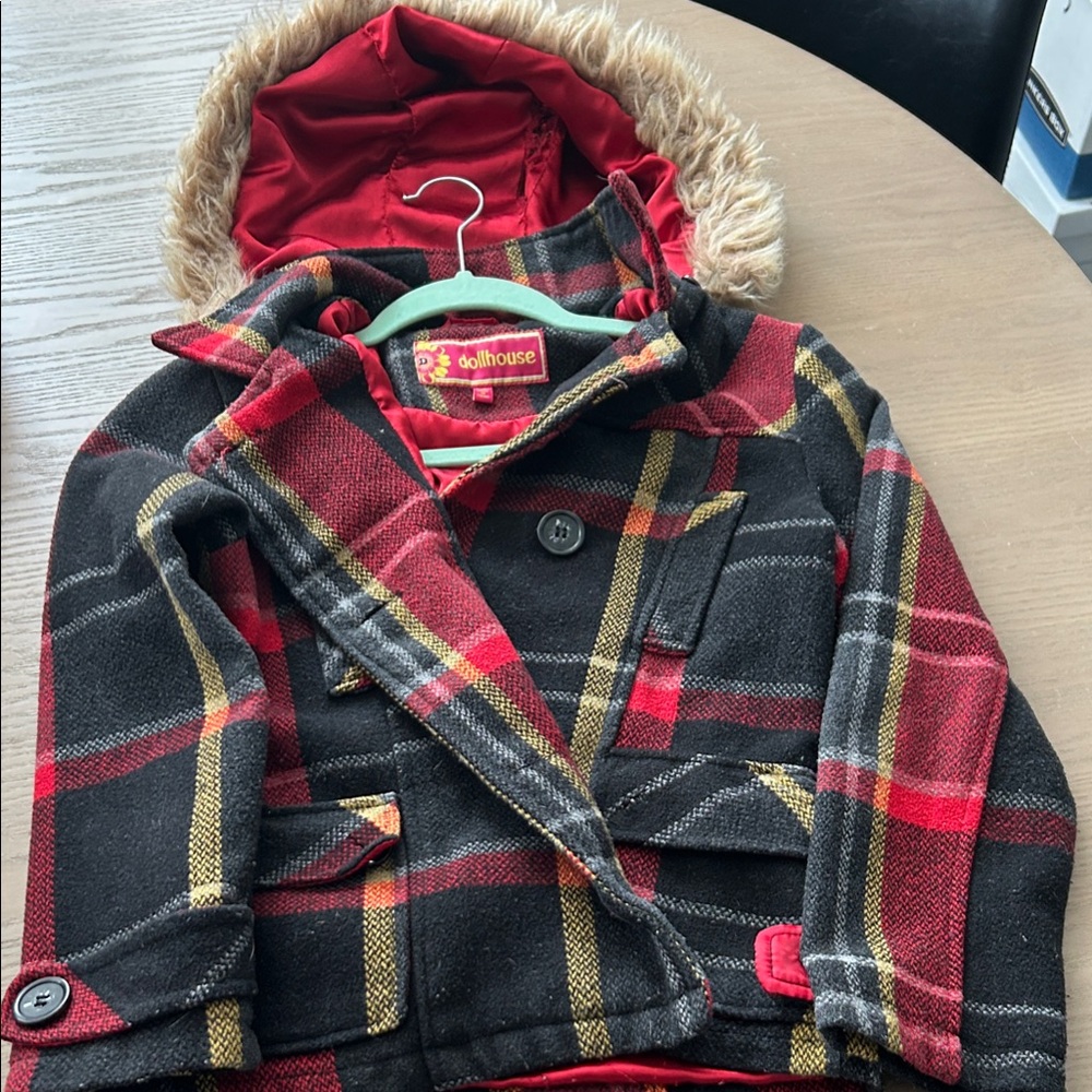 Dollhouse Kids Red and Black Plaid Pea Coat with Faux Fur Hood